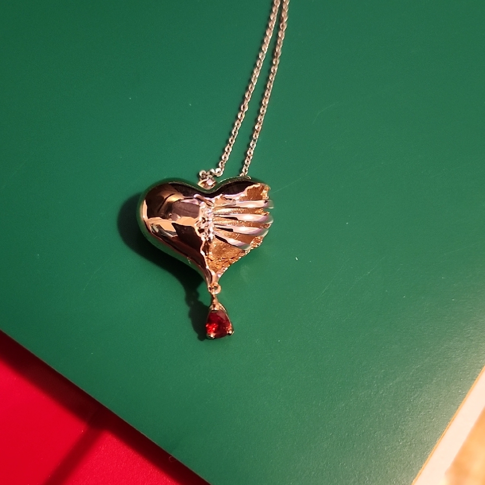 Silver/Gold Heart Pendant Necklace with Red Gemstone